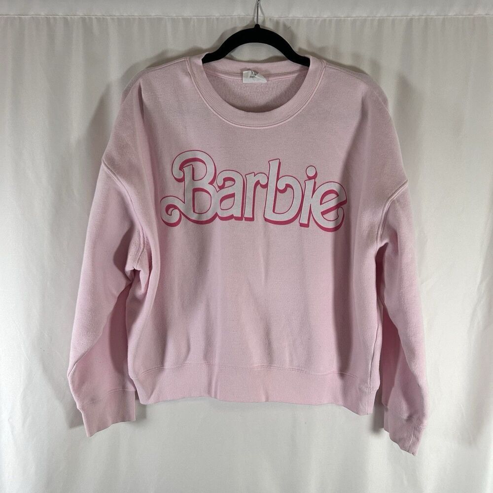 Barbie Sweater Women's Medium Pink Pullover Crew neck Fleece Lined Long Sleeve - Picture 1 of 7